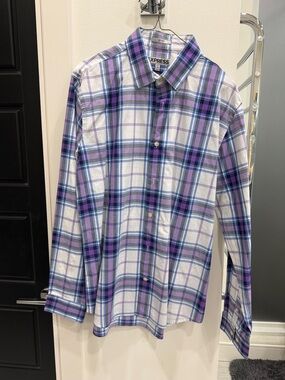 Express Men's Purple and White Plaid Button-Down Shirt